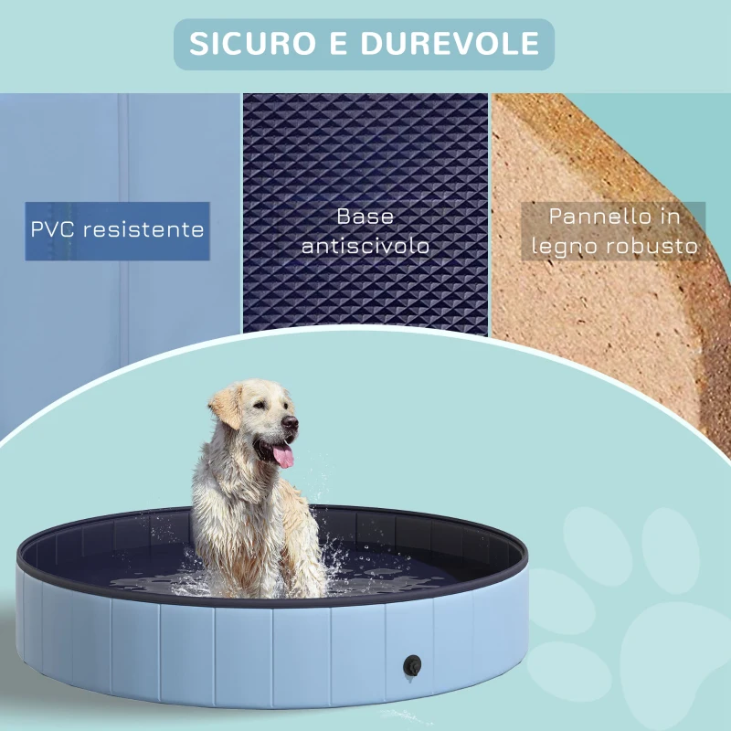 PawHut Piscina Vasca da Bagno Portatile Pieghevole per Cani Animali Domestici in PVC Azzurro Φ160 x 30cm
