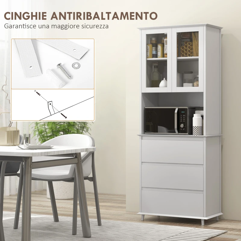 HOMCOM Credenza Cucina Alta con Armadietto a 2 Livelli e 3 Cassetti, Dispensa in MDF, 68x38x172 cm, Bianco|Aosom Italy
