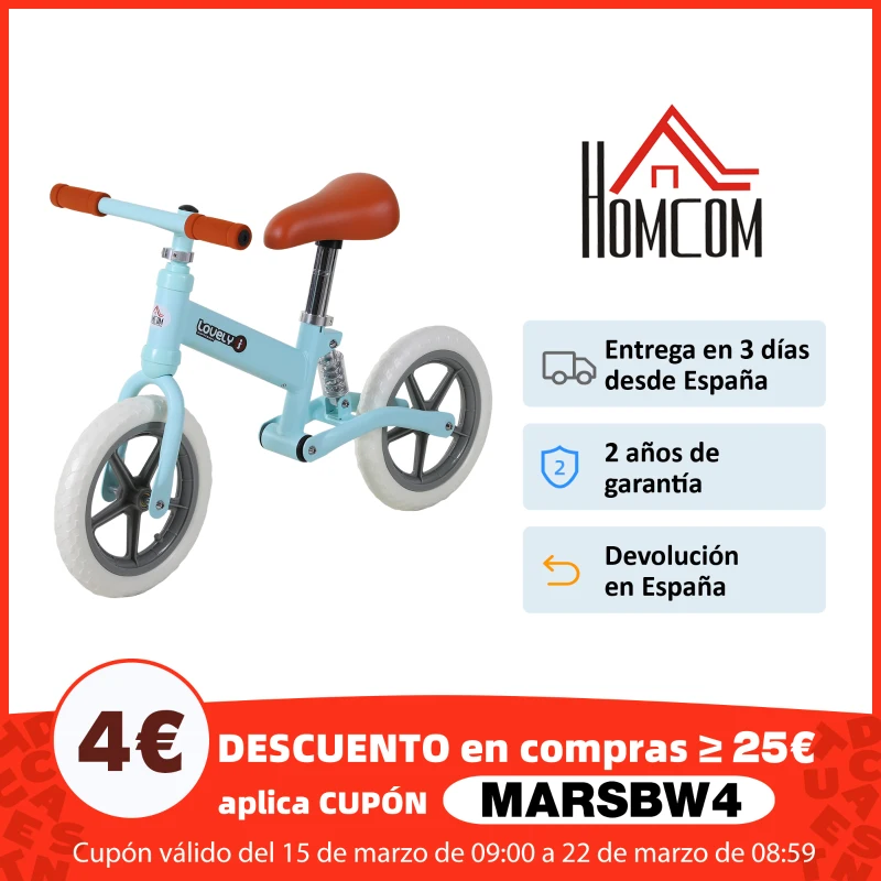 HOMCOM Bicicleta Sin Pedales Para Niños Mayores de 2 Años Bicicleta Entrenamiento Equilibrio con Sillín Regulable Acolchado Rueda Antideslizante Carga 25 kg 85x36x54 cm Color Azul