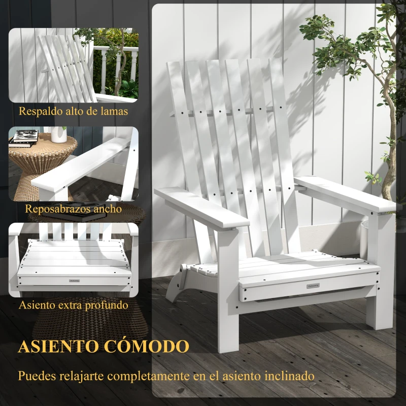 Outsunny Silla Adirondack Plegable con Reposabrazos Carga 160 kg para Patio Terraza Balcón 68x81x93 cm Blanco