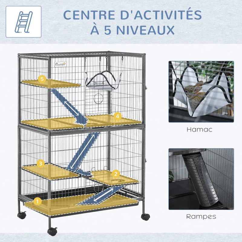 Pawhut Cage pour rongeurs Multifonction 4 Plateformes 3 rampes 4 Portes dim. 80L x 52l x 128H cm métal Gris argenté Noir