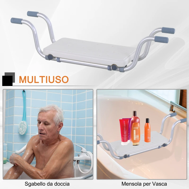 HOMCOM Sedile per Vasca in Lega di Alluminio e Plastica, Sgabello per Vasca da Bagno Larghezza Regolabile 73-83cm, Max. Carico 150kg