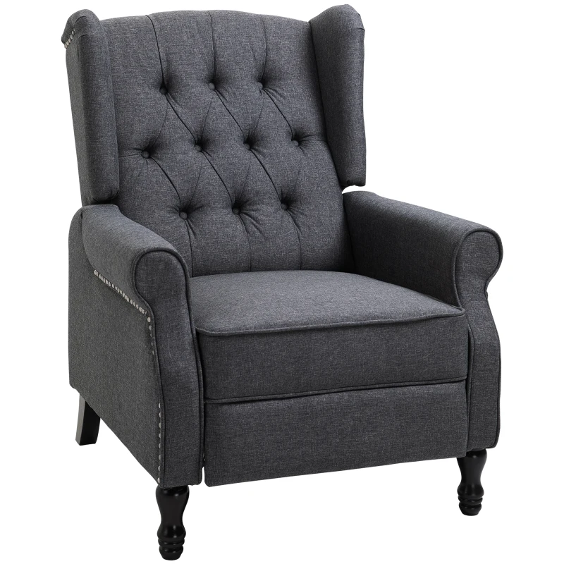 HOMCOM Recliner Armchair, Vintage Reclining Chair with Nail Head Trim, Wingback Chair with Button Tufted Back and Footrest, for Living Room, Dark Grey