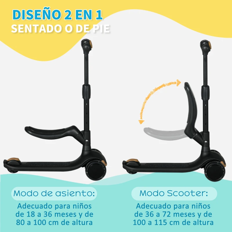 AIYAPLAY Patinete para Niños 2 en 1 con Altura Ajustable Ruedas Brillantes para +18 Meses Carga 50kg 58x31x64-79cm Negro