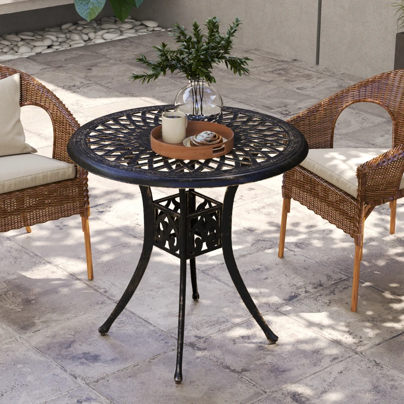 Outsunny 78 cm Round Garden Dining Table with Parasol Hole Antique Cast Aluminium Outdoor Table Only, Bronze Tone