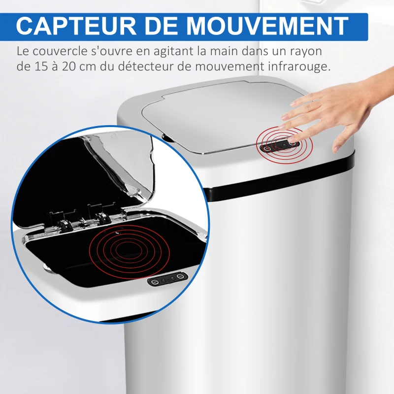 HOMCOM Poubelle à capteur de mouvement ouverture automatique 1 bac de 50 L en acier inoxydable