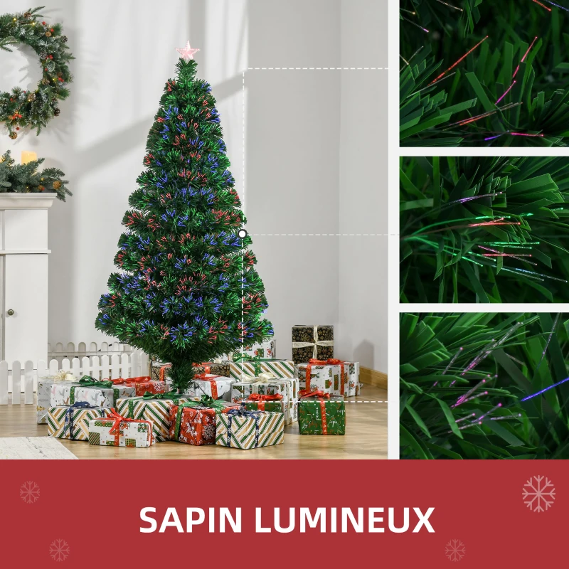HOMCOM Sapin de Noël Artificiel Lumineux 150H cm Fibre Optique Multicolore + Support Pied 180 Branches étoile Sommet Brillante Vert