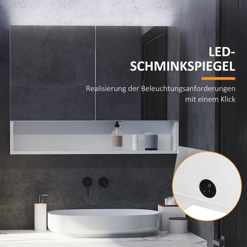 HOMCOM LED 10 W Spiegelschrank Badschrank mit zwei Türen und Ablage Hängeschrank Badezimmerspiegel Badmöbel Mehrzweckschrank für Badezimmer Soft-Close-Funktion MDF Weiß 80 x 15 x 60 cm