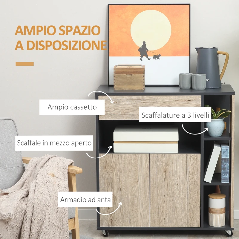 HOMCOM Carrello da Cucina Multiuso con Cassetto, Armadietto e Scaffale, 80x39x86.5cm, Legno e Nero