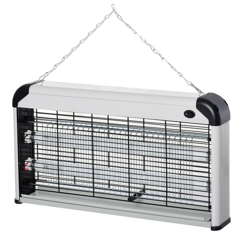 Outsunny Lámpara Antimosquitos Eléctrico 30W Mata Mosquitos Eléctrico con Luz UV Efecto 60 m² 48,5x8,5x26,5 cm Plata
