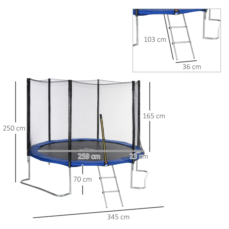 HOMCOM Trampolin Ø345 cm Gartentrampolin mit Sicherheitsnetz Randabdeckung gepolstert Stahl Schwarz+Blau bis 100 kg
