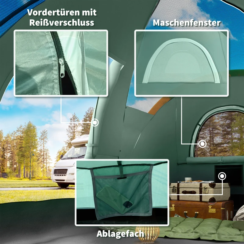 Outsunny Campingzelt für 5-6 Personen, Familienzelt, Lampenhaken, Seitentaschen, 4,55x2,3x1,8m, Grün/Schwarz