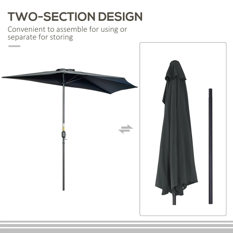Outsunny 3(m) Half Parasol, Semi Round Umbrella with Metal Frame, Crank Handle for Balcony, Garden, Black