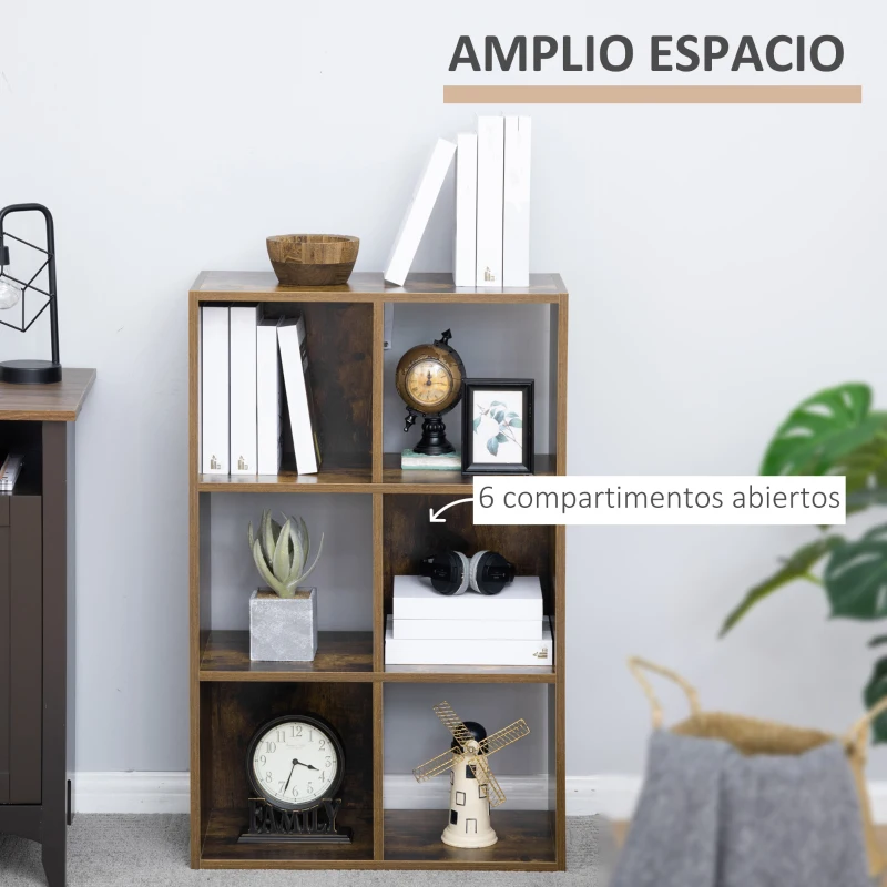 HOMCOM Estantería para Libros Librería de Madera de 3 Niveles con 6 Compartimentos de Almacenaje para Baño Oficina Estudio Salón Antivuelco 60x30x93 cm Marrón Rústico