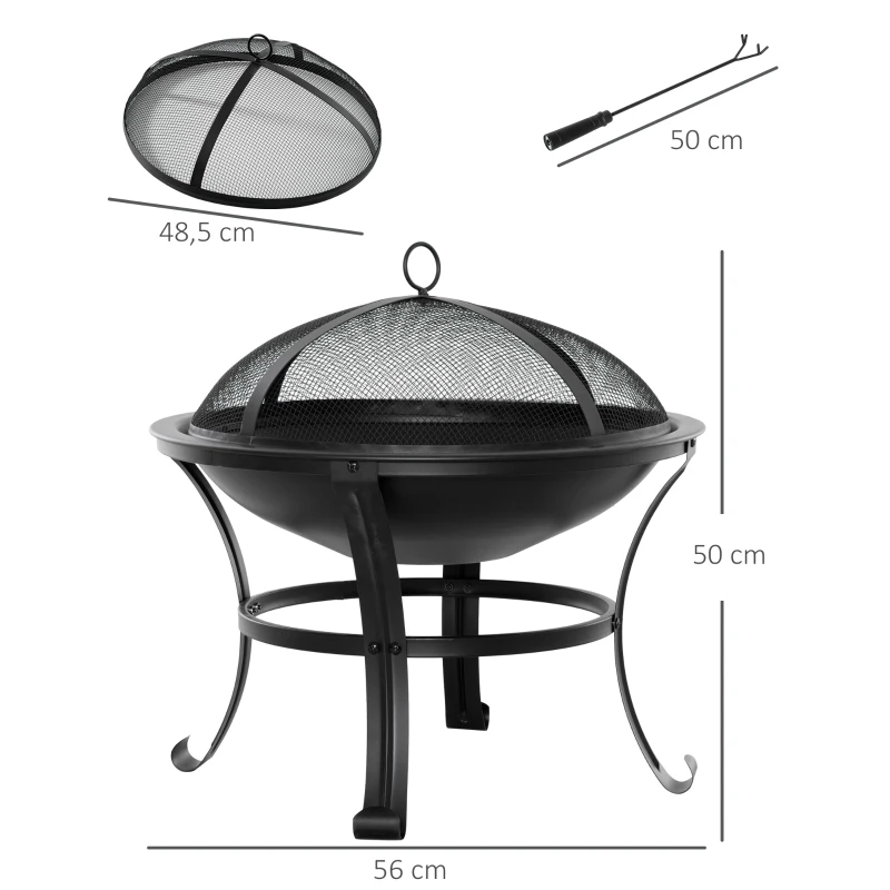Outsunny Brasero Exterior de Metal Ø56 cm Cuenco de Fuego de Jardín con Tapa Protectora contra Chispas y Atizador para Hogueras Leñas Terraza Camping Fiestas Negro