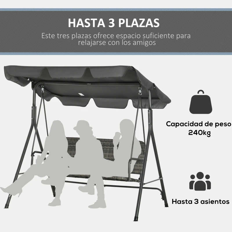 Outsunny Balancín de Jardín Exterior de 3 Plazas con Toldo Ajustable Asiento de Ratán PE y Reposabrazos 167x112x153 cm Gris