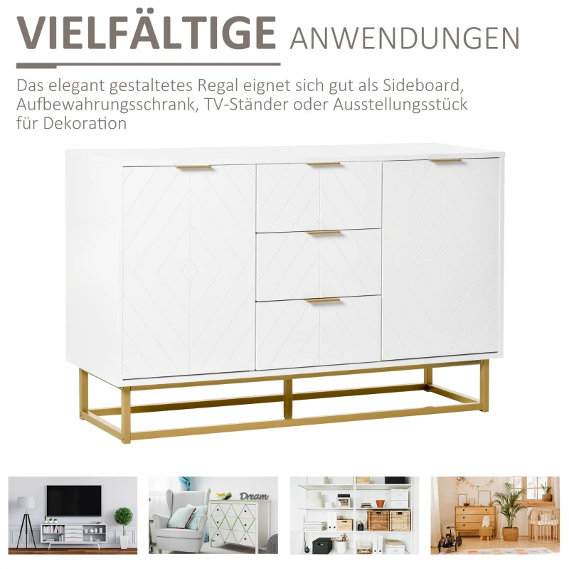 HOMCOM Sideboard Kommode moderner Beistellschrank mit Schränke und Schubladen Goldsockel viel Stauraum Weiß MDF Stahl 120 x 40 x 76 cm