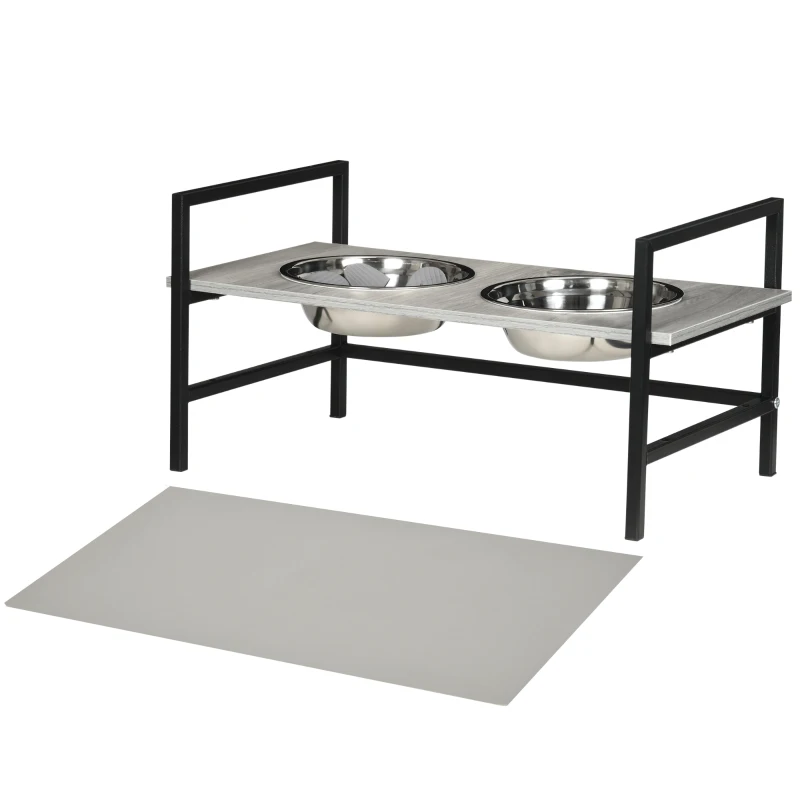 PawHut Comedero Elevado para Perros con Altura Ajustable 2 Cuencos Tapete y Alimentador Lento 60x33x10-31,5 cm Gris