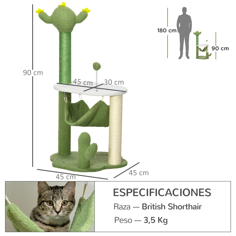 PawHut Árbol Rascador para Gatos con Forma de Cactus con Hamaca Plataforma Postes de Sisal y Bola 45x45x90 cm Verde