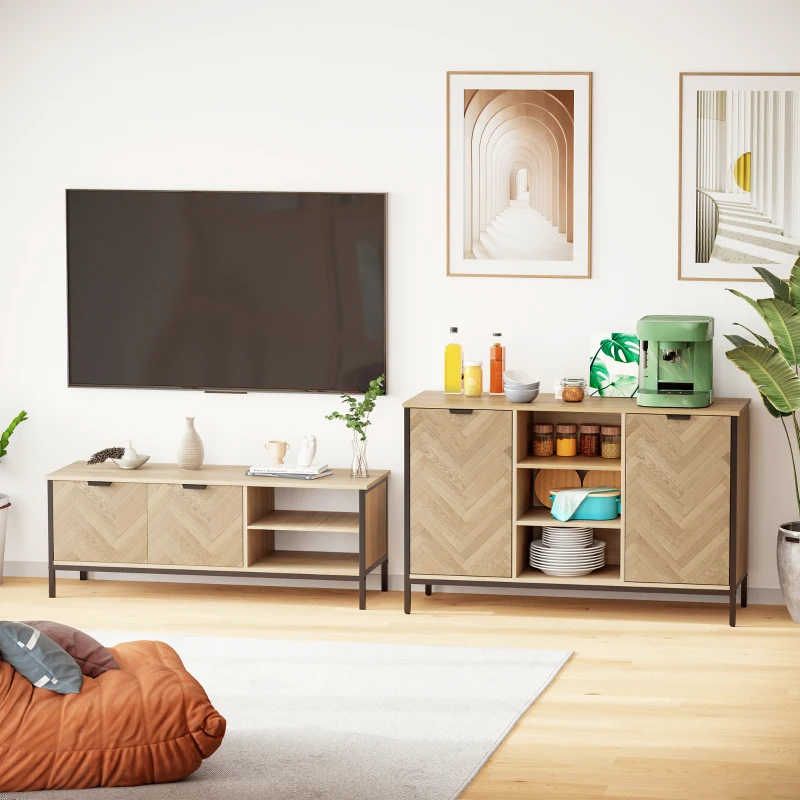 HOMCOM Aparador de Cocina Armario con 2 Puertas Estantes Ajustables y 3 Compartimentos Abiertos Muebles Auxiliar para Comedor Salón 120x39,2x76 cm Roble