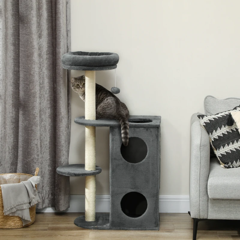PawHut Katzenbaum für den Innenbereich, 111 cm, Kratzbaum mit Katzenbett, Sisal-Kratzpfosten, Spielball, Sprungplattform, Grau