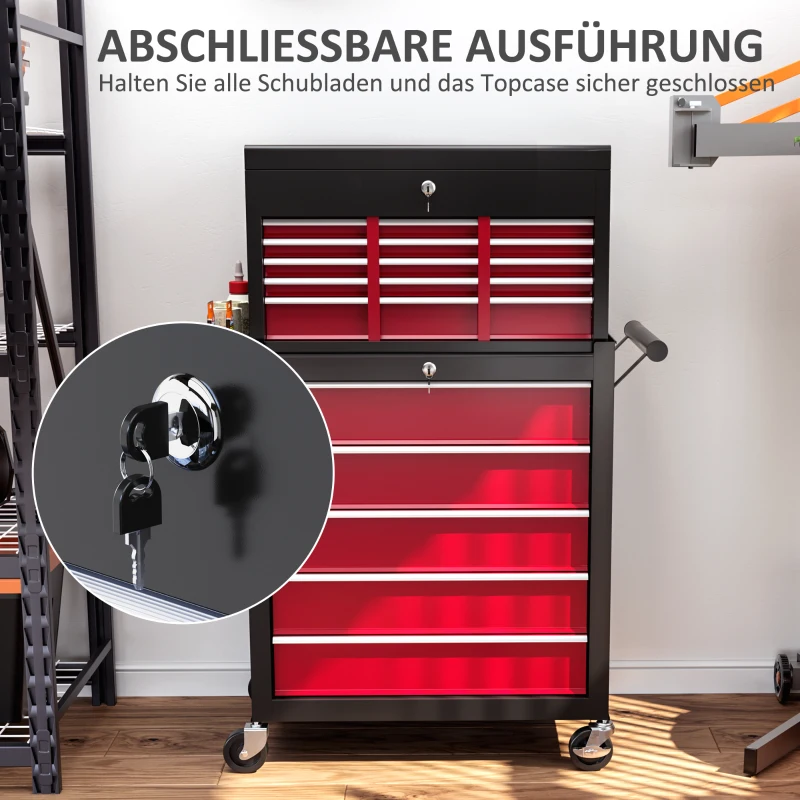 HOMCOM Werkzeugwagen, zweiteilig, abschließbar, 14 Schubladen, Lochwand, Stahl, Rot(m-6)