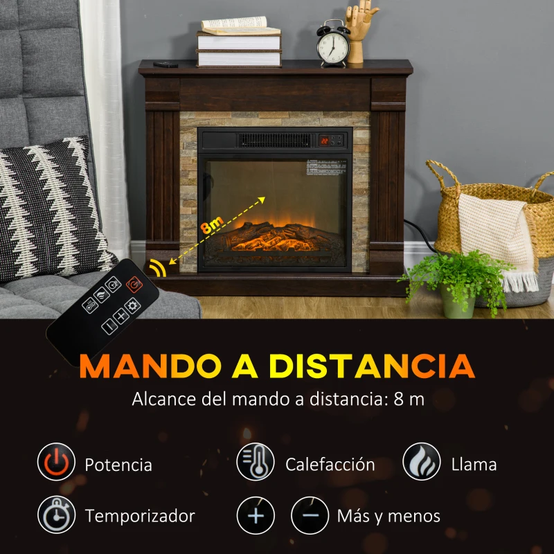 HOMCOM Chimenea Eléctrica 1800W Calentador de Chimenea con Efecto de Llama Mando a Distancia Temporizador 80x21,6x67,8cm Marrón
