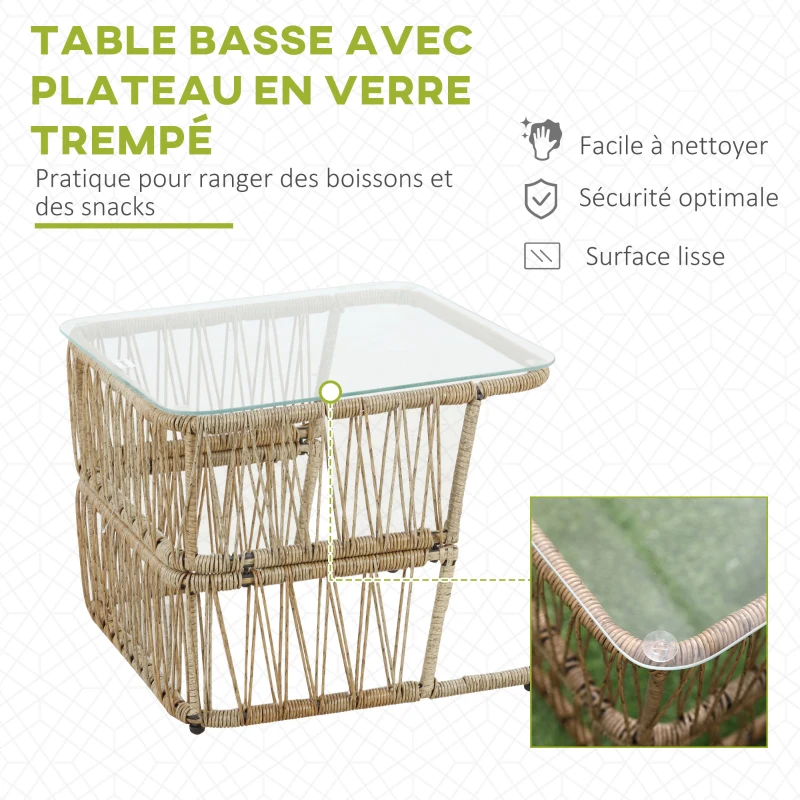 Outsunny Ensemble salon de jardin 4 pièces canapé 2 places + 2 fauteuils + 1 table basse plateau verre trempé 8 coussins - métal et résine tressée - beige