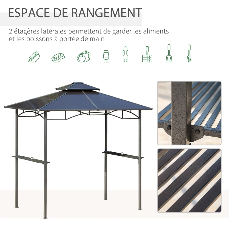 Outsunny Tonnelle jardin 2,4 x 1,5 m - abri barbecuesteakhouse 2 étagères, toit de barbecue alu. métal noir toit polycarbonate