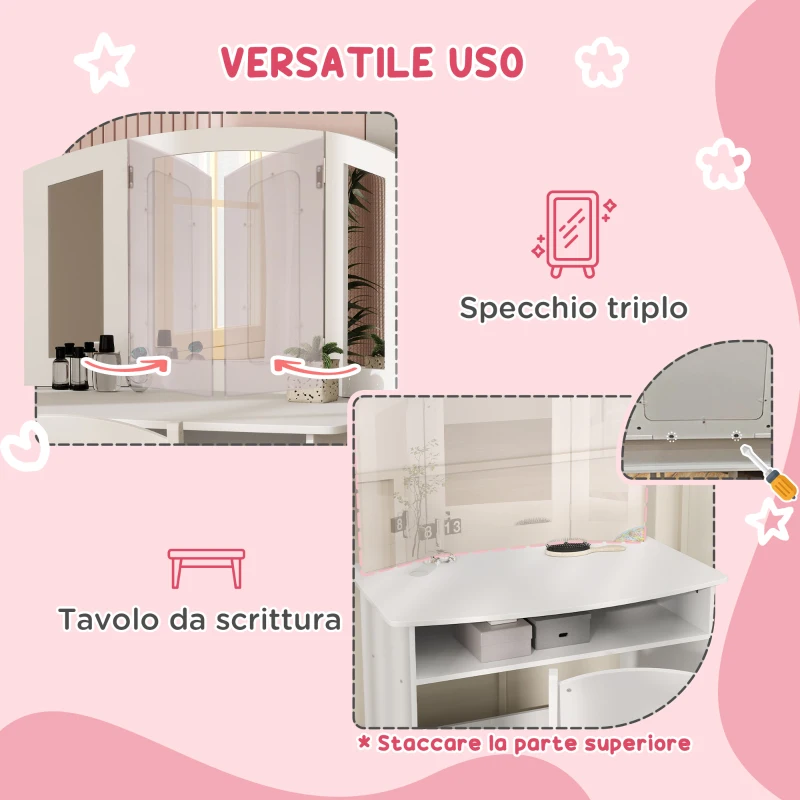 AIYAPLAY Set da Trucco per Bambini con Tavolo Toeletta con Specchio Triplo Rimovibile e Sedia in Legno Bianco