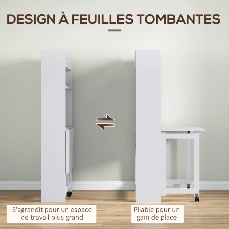 HOMCOM Bureau informatique avec étagères de rangement plateau rabattable 2 roulettes pour chambre salon 80 x 69 x 155 cm blanc