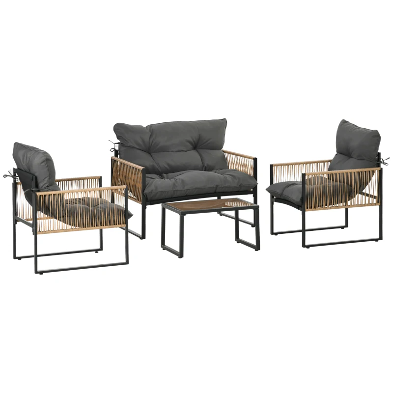 Outsunny Ensemble salon de jardin 4 pièces canapé 2 places 2 fauteuils et 1 table basse plateau verre trempé 3 coussins - gris