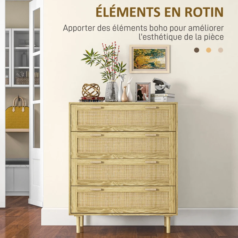 HOMCOM Commode 4 tiroirs meuble de rangement façade tissage en rotin style bohème dim. 90l x 45P x 108,5H cm Aspect Bois Clair