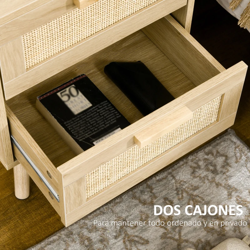 HOMCOM Mesita de Noche Estilo Cannage Mesilla de Noche con 2 Cajones y Patas de Madera para Salón Dormitorio 40x40x56cm Natural(m-4)