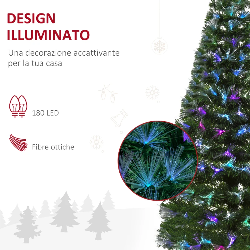 HOMCOM Albero di Natale 150cm con 180 Luci a LED e Fibre Ottiche Colorate, 180 Rami in PVC Ignifughi e Base in Metallo
