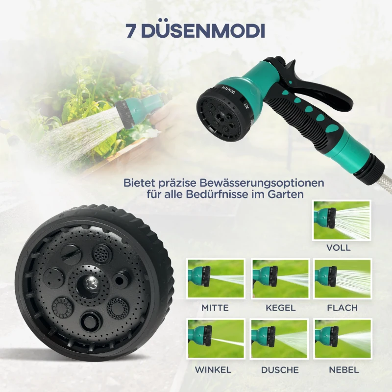 Outsunny Gartenschlauchhalter, 25+2 Meter Gartenschlauch in robustem Gehäuse, Wandhalterung, 7 Sprühmuster, 180° drehbar, Grau