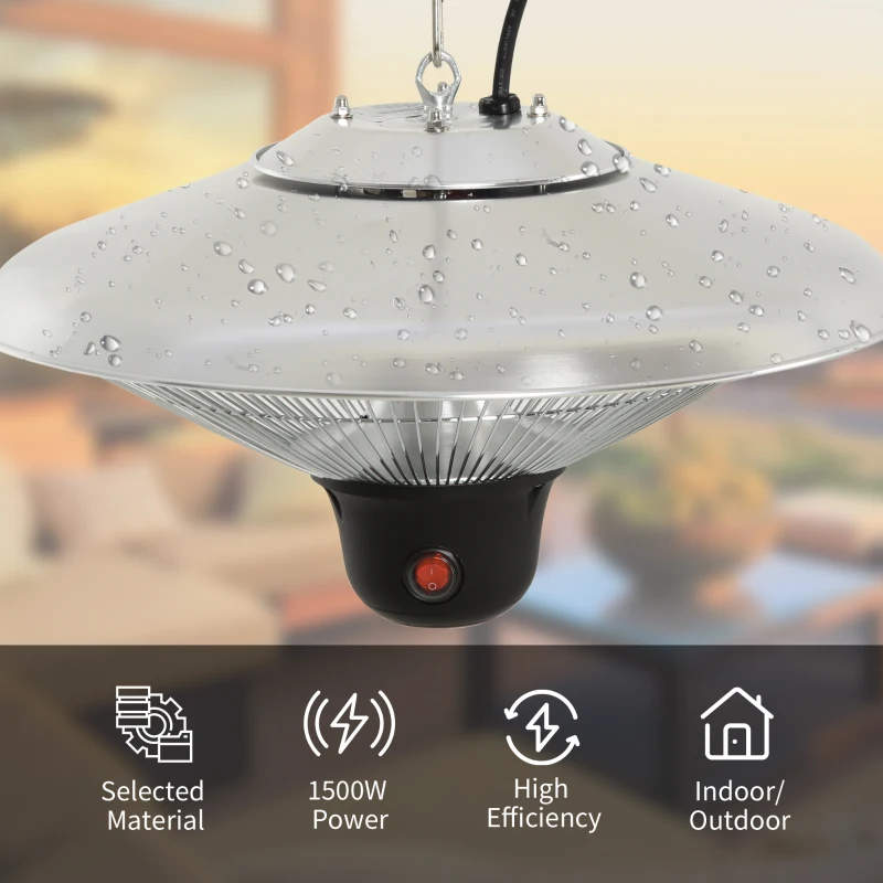 Outsunny 1500W Patio Heater Outdoor Ceiling Mounted Aluminium Halogen Electric Hanging Heating Light with Remote Control and 3 Heat Settings, Silver