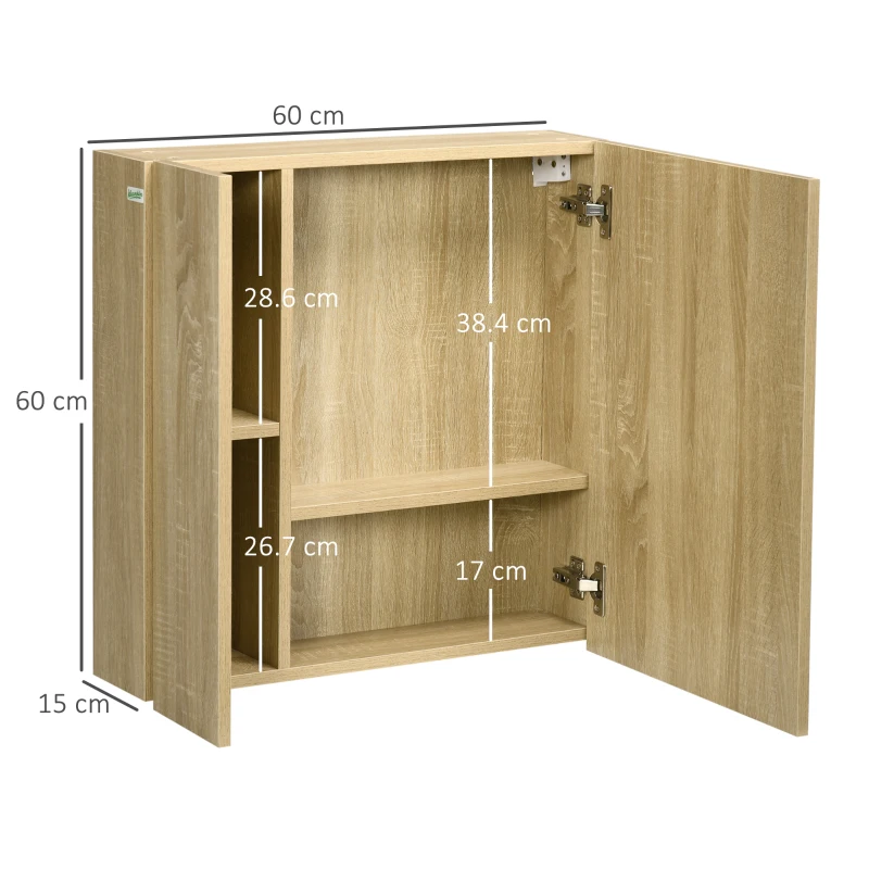 kleankin Mobile da bagno con Specchio e 4 Ripiani interni, in truciolato, 60x15x60cm, color Legno