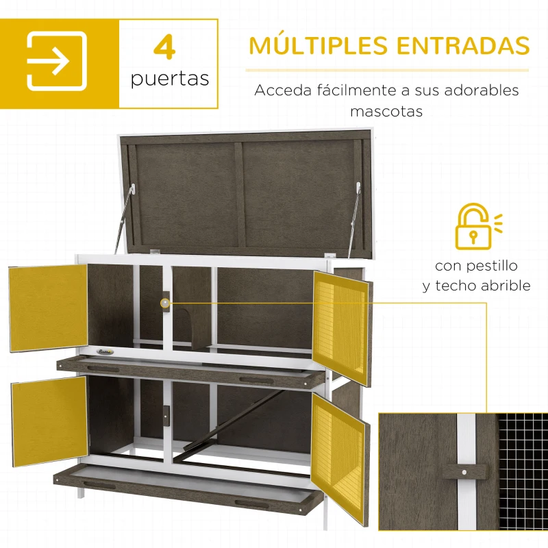 PawHut Conejera de Madera Jaula para Conejos de 2 Pisos 97x44x91 cm Techo Asfáltico Puertas Bandejas Extraíbles Marrón