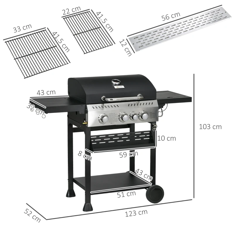 Outsunny Four-Burner Steel Gas Grill, with Thermometer - Black