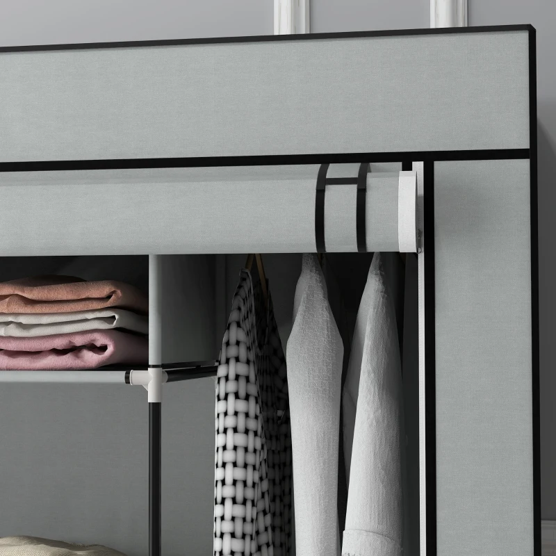 HOMCOM Kleiderschrank Stoffschrank, Türen, 2 Kleiderstangen, 10 Fächer, Grau(m-7)