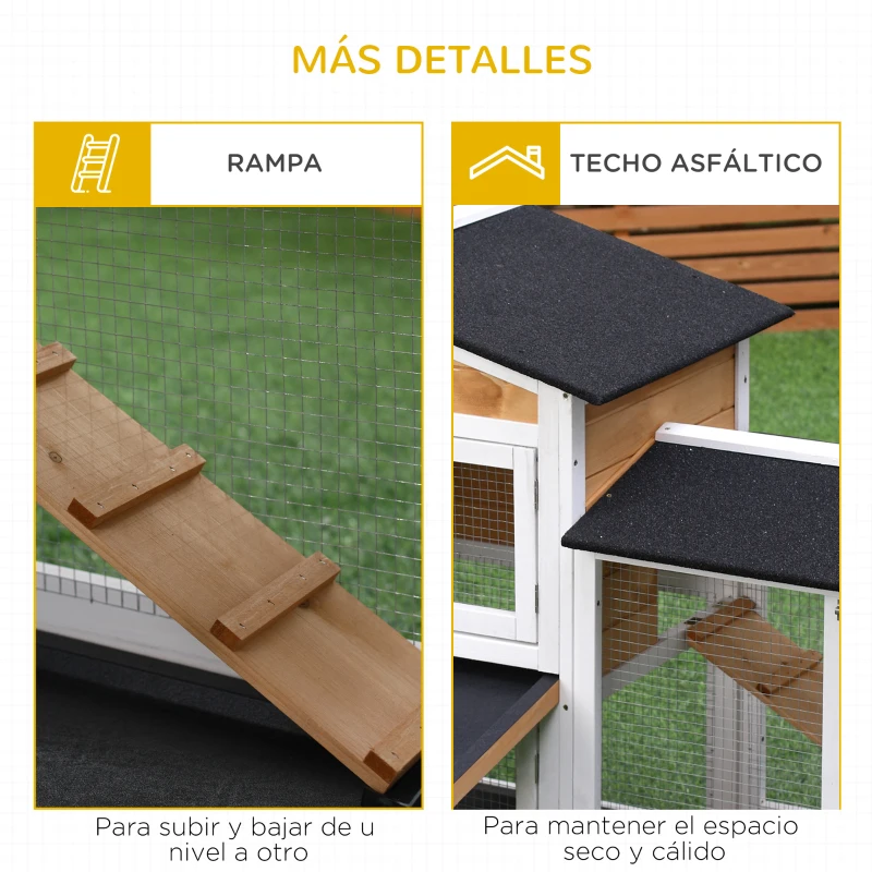 PawHut Conejera de Madera Exterior Jaula para Conejos de 2 Niveles con Techo Asfáltico 2 Corrales de Metal Bandeja Extraíble 2 Puertas y Rampa 157,4x53x93,5 cm Natural