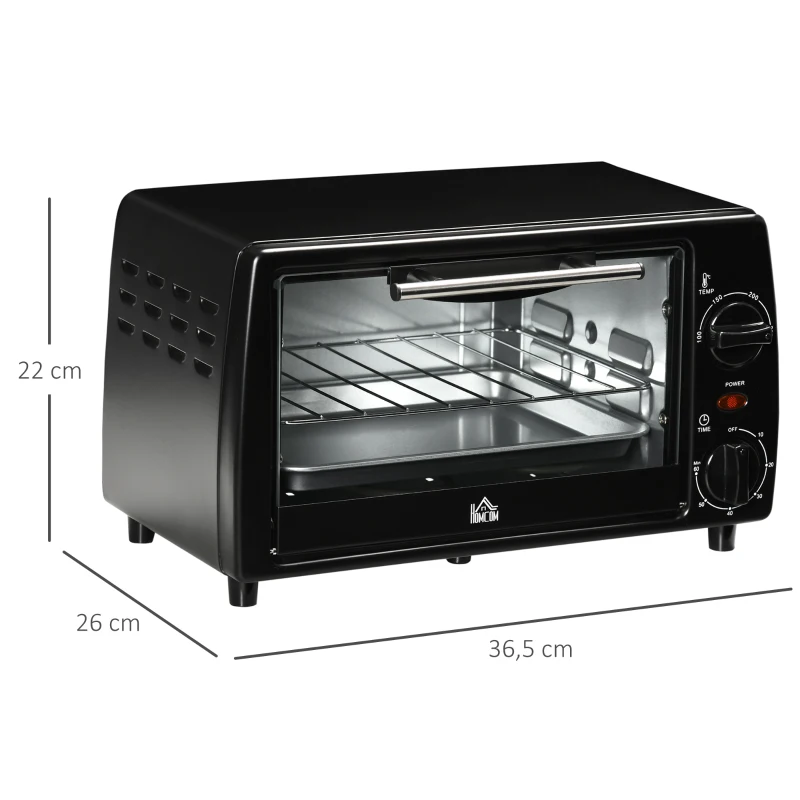 HOMCOM Mini-Ofen Toasterofen, 1 Backblech, 1 Grilrost, 10 L Kapazität, Timer-Funktion, 36.5 cm x 26 cm x 22 cm, Schwarz(m-3)
