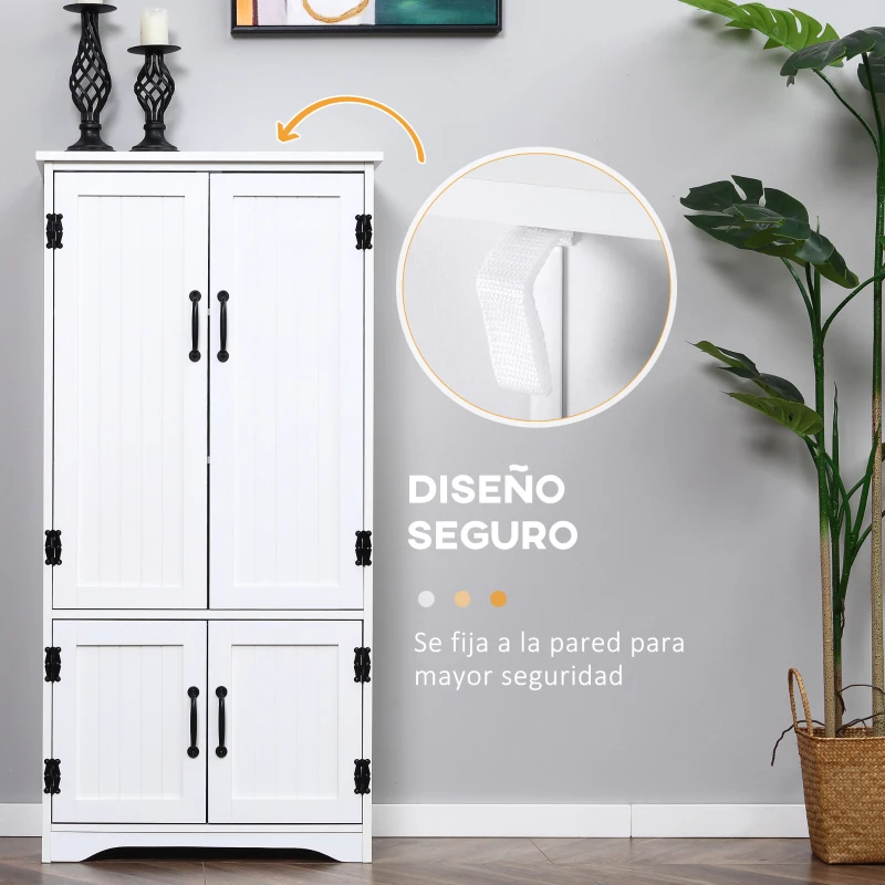 HOMCOM Alacena de Cocina Aparador Alto de Cocina Mueble Auxiliar con 4 Puertas y Estantes Ajustables 60x30x123 cm Blanco(m-7)
