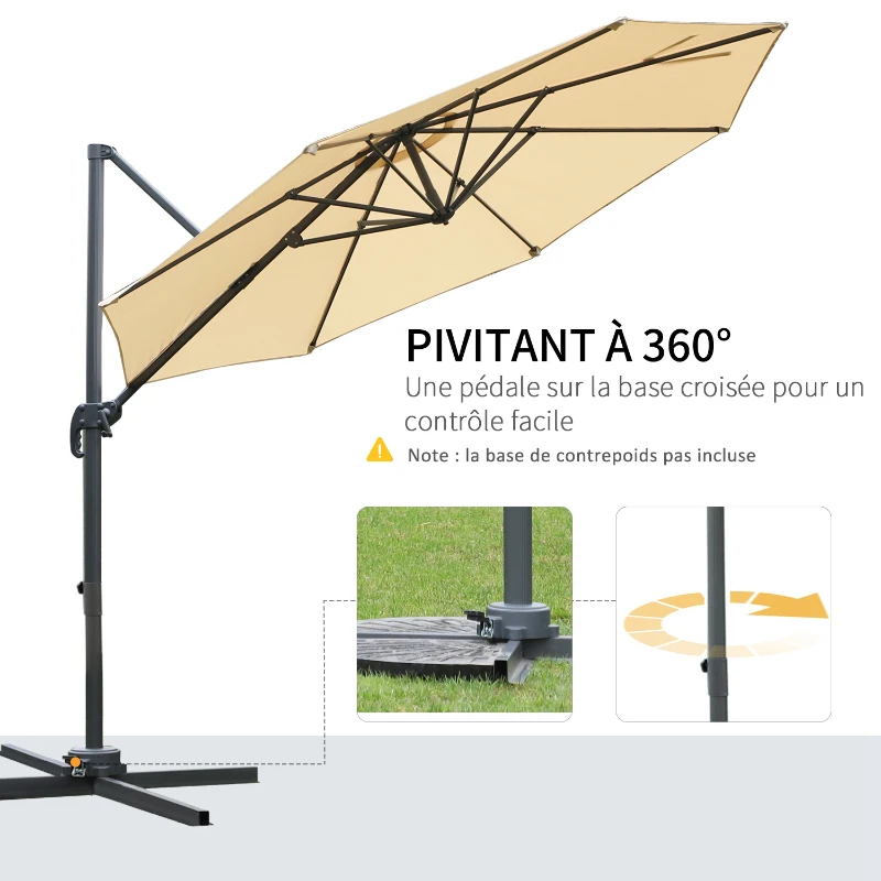 Outsunny Parasol déporté octogonal inclinable parasol rotatif 360° avec pied en croix 8 beleines manivelle inclus châssis alu.