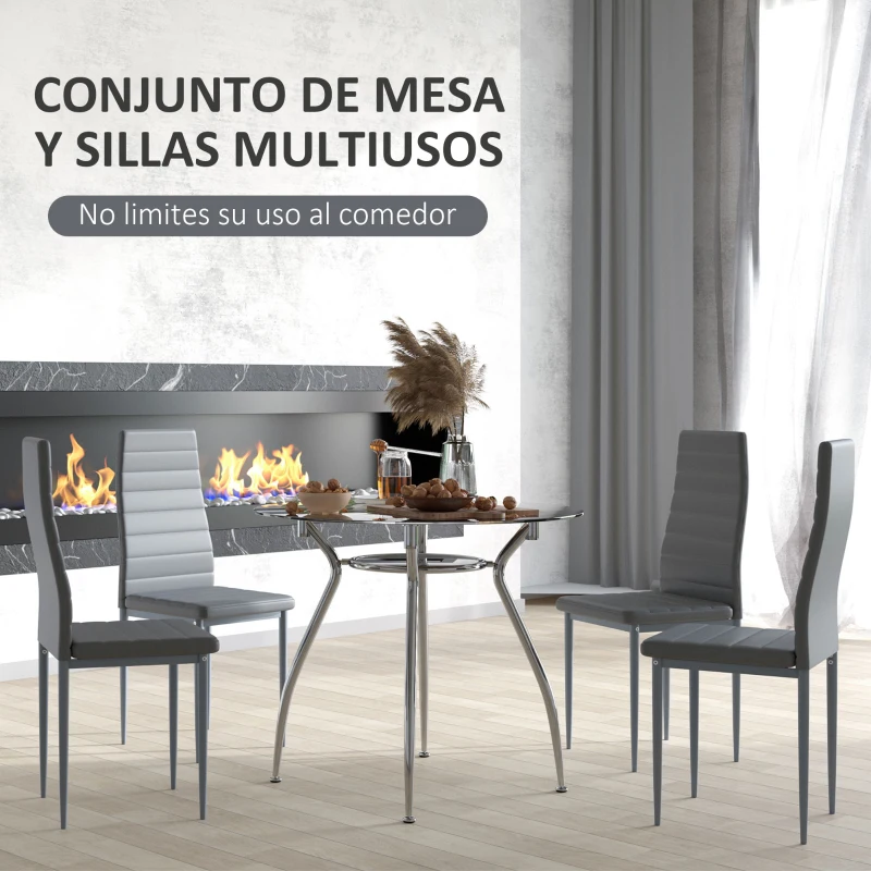 HOMCOM Conjunto Mesa y 4 Sillas de Comedor 5 Piezas Mesa Redonda de Vidrio Templado y 4 Sillas con Patas de Acero Gris