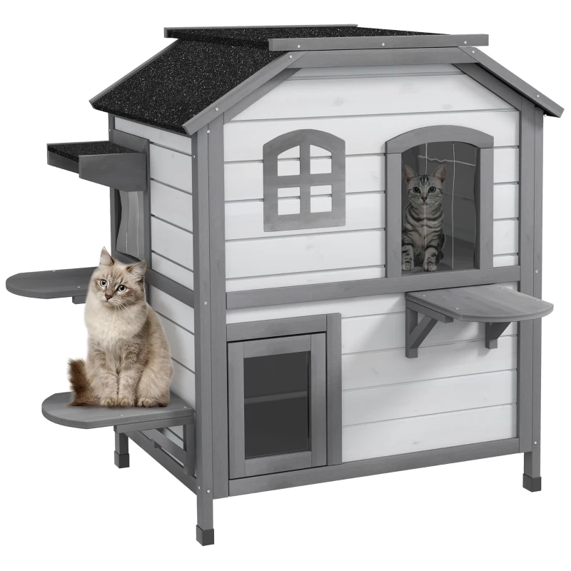 PawHut Katzenhaus Katzenhütte Katzenhöhle, 2 Stockwerke, wetterbeständig, 78,1 cm x 55,2 cm x 90,8 cm, Weiß + Grau(m-10)