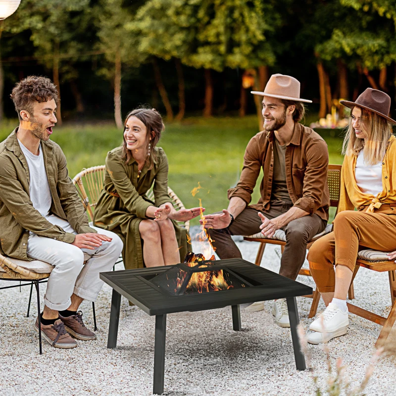 Outsunny Feuerschale Feuertisch mit Schürhaken Funkenschutz Feuerkorb Feuerstelle für Garten Camping BBQ Stahl Schwarz 81 x 81 x 53 cm