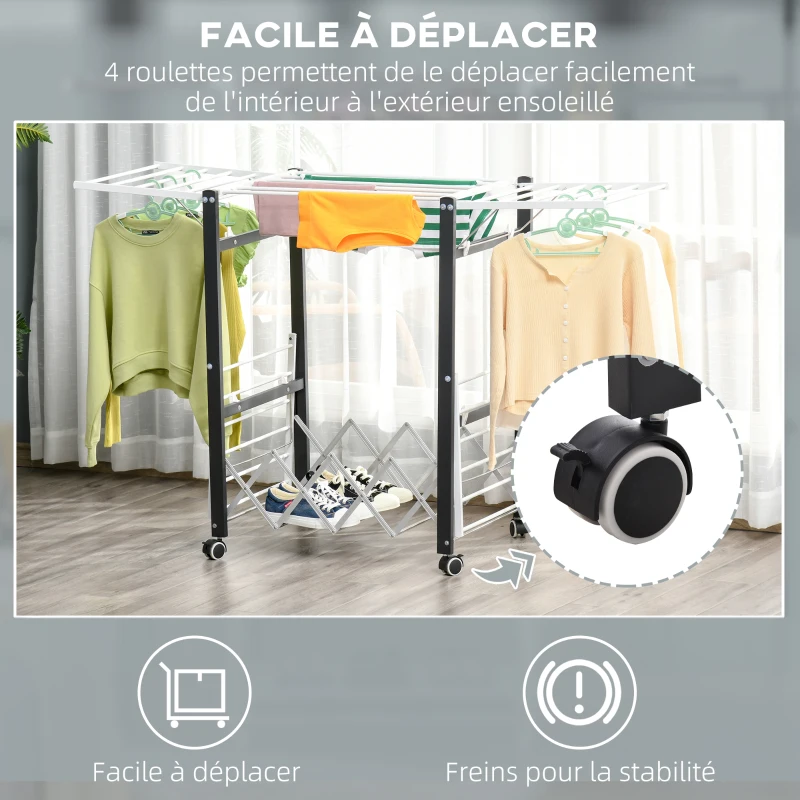 HOMCOM Séchoir à linge étendoir à vêtements pliable réglable avec 4 roulettes - grand capacité - 157,5 x 54 x 101 cm