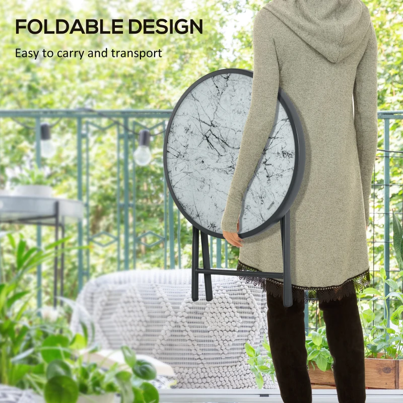 Outsunny Φ45cm Garden Side Table, Outdoor Round Folding Patio Table with Imitation Marble Glass Top, Small Coffee Table, White